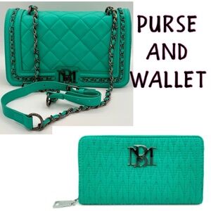 Badgley Mischka Quilted Green Chain Shoulder Bag PLUS Zipper Wallet